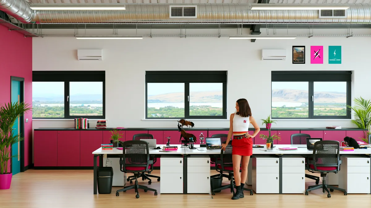 Bright open-plan studio with magenta cabinetry and a valley view