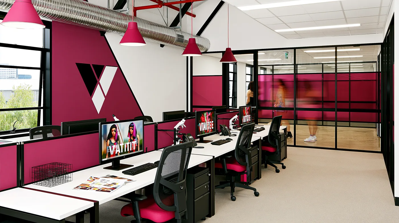 The EMMEDIA studio: magenta walls, screens and workstations